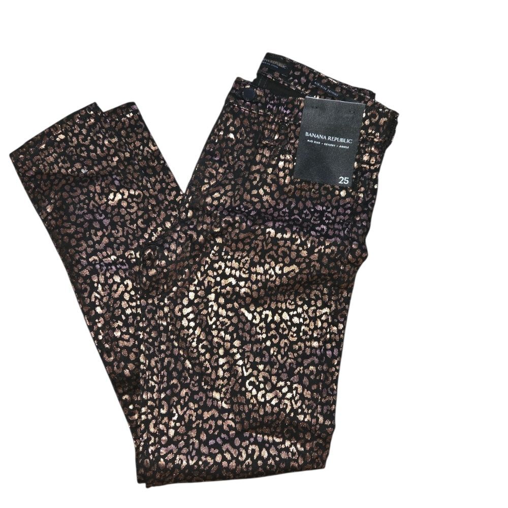 Banana Republic Black and Copper Metallic Leopard Print Pants Size 25